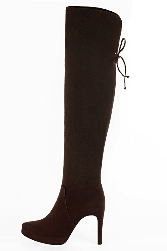 Dark brown women's leather thigh-high boots. Tapered toe. Very high slim heel with a platform at the front. Made to measure. Profile view - Florence KOOIJMAN